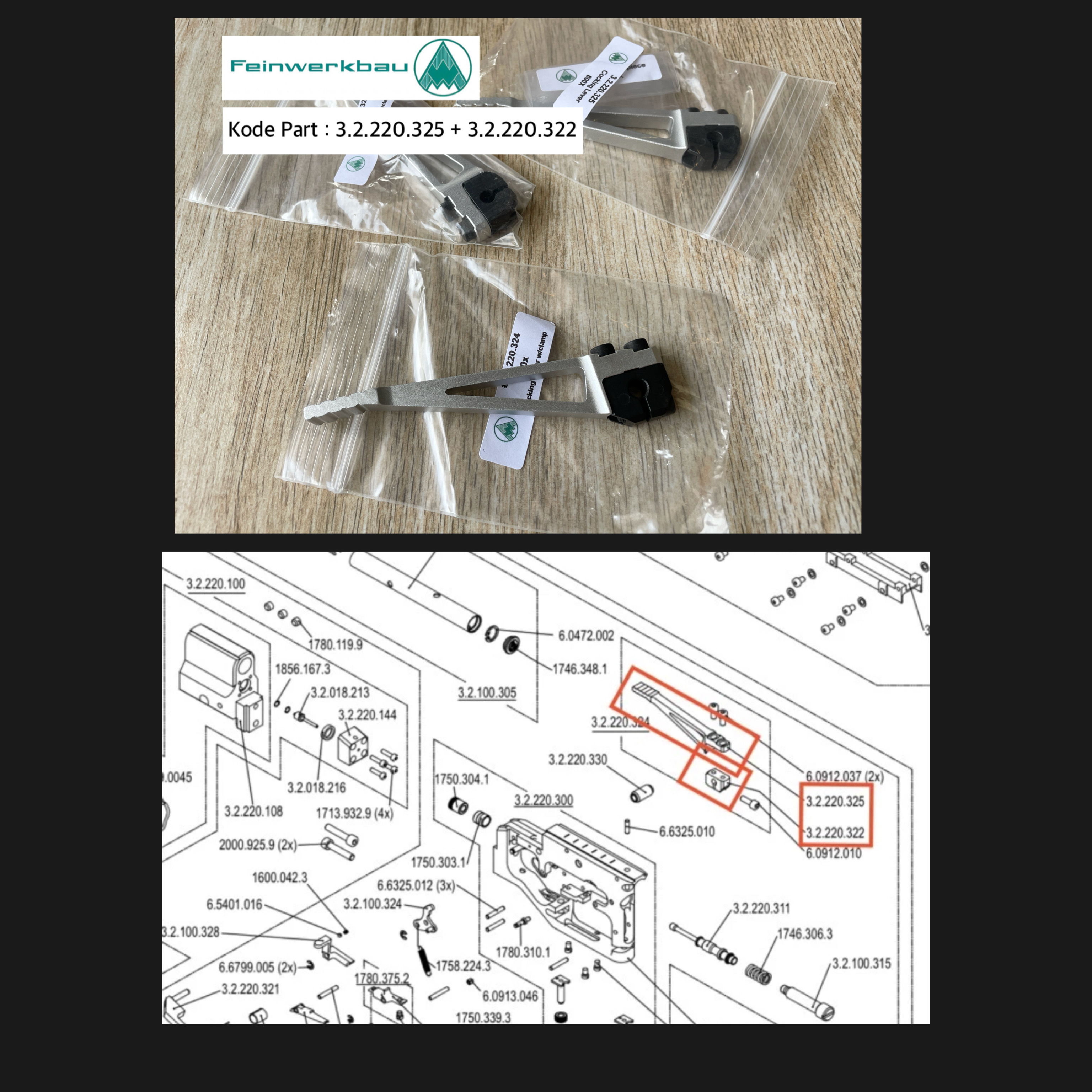 Cocking Lever + Cocking Clamp  Feinwerkbau 800X  Original Kode Part 3.2.220.325 + 3.2.220.322